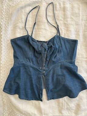 sofia by sofia vergara Denim Spaghetti Strap Peplum Top - Blue